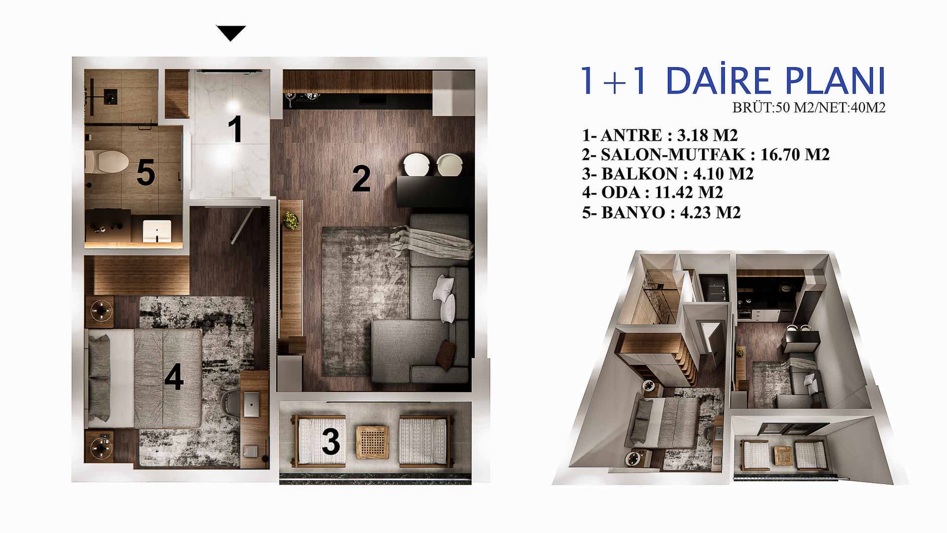 1+1 Daireler kat planı