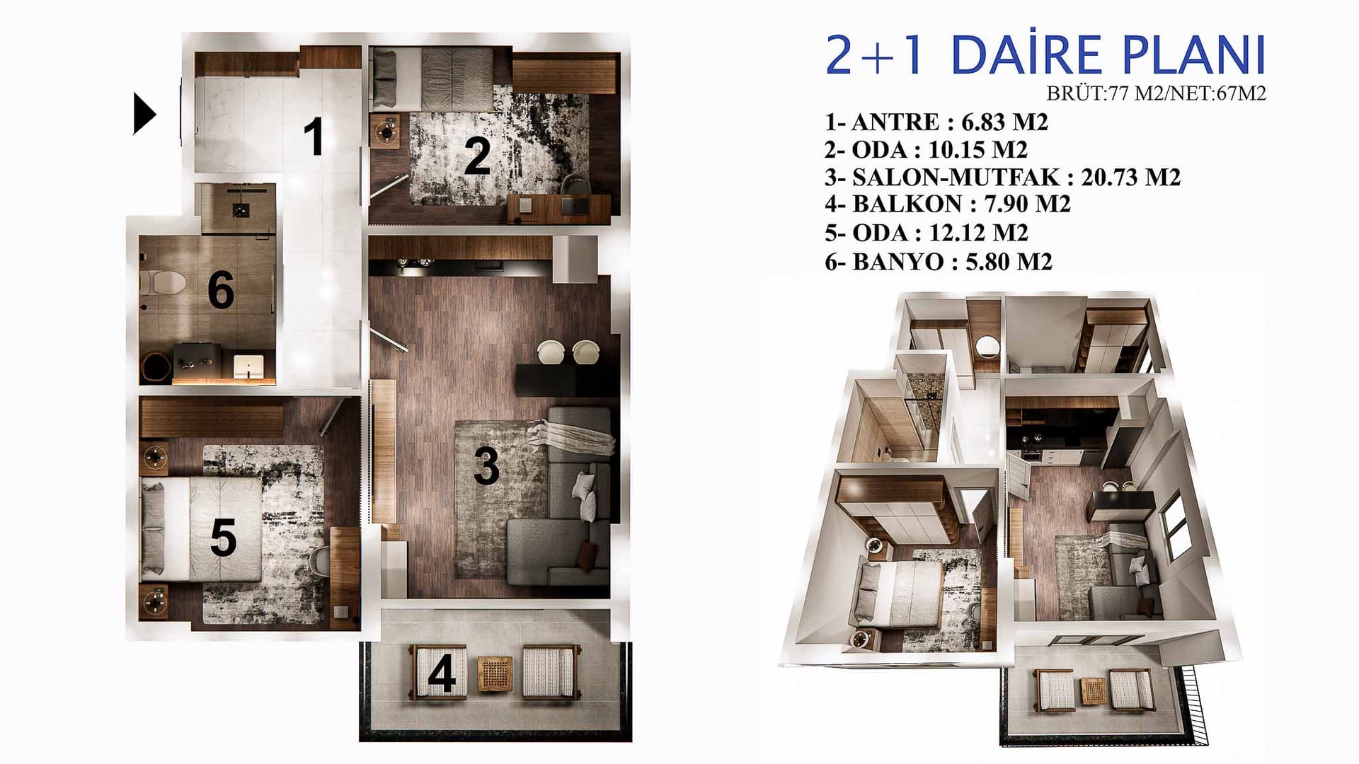 2+1 Daireler kat planı